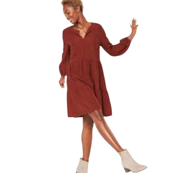 Old Navy Dresses & Skirts - Old Navy Copper Embroidered Tiered-Hem Long Sleeve Swing Dress L